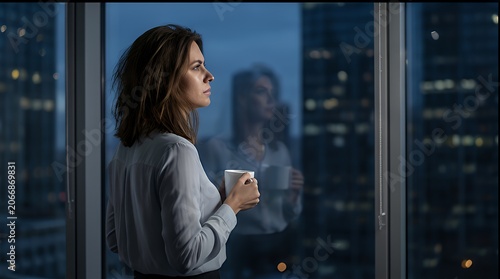 Urban Evening Reflection: Woman with Coffee Gazing at City Lights