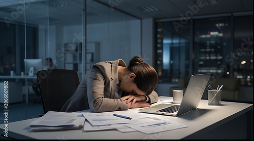 Overtime Exhaustion: Burned-Out Professional Asleep at Office Desk