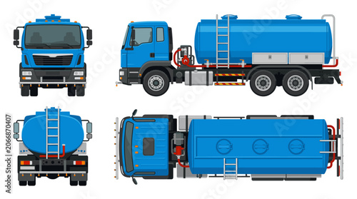 Water truck utility vehicle with front side rear and top views vector illustration