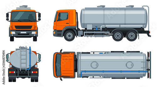 Tanker truck transport vehicle with front side rear and top views vector illustration
