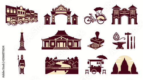 Flat vector icon set showcasing traditional Javanese culture, architecture, and iconic landmarks of Yogyakarta, Indonesia, for travel and heritage themes