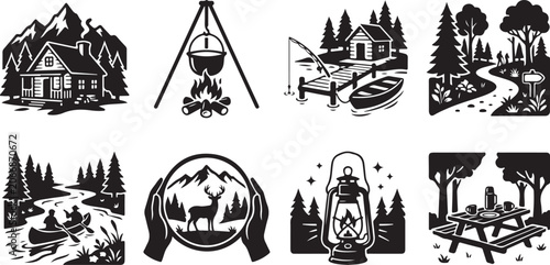 Camping, outdoors, wilderness, adventure icons, black silhouette set, 8 elements, vector graphics