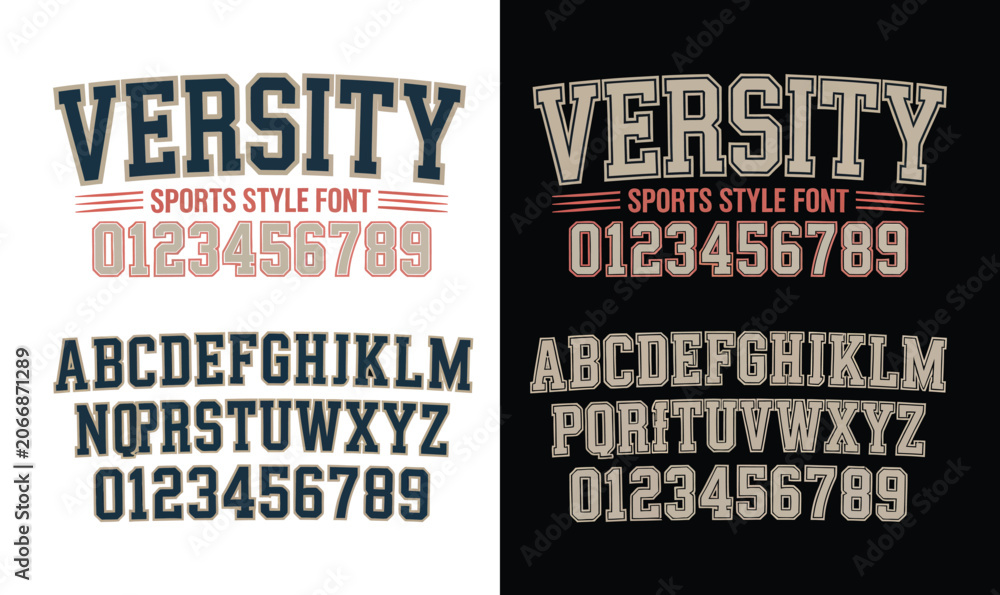 Fototapeta premium Varsity Alphabet Sports Font Vector Set with Numbers for Athletic Jersey and T-shirt Design