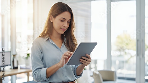 Modern Professional Woman Using Digital Tablet in Bright Office Space