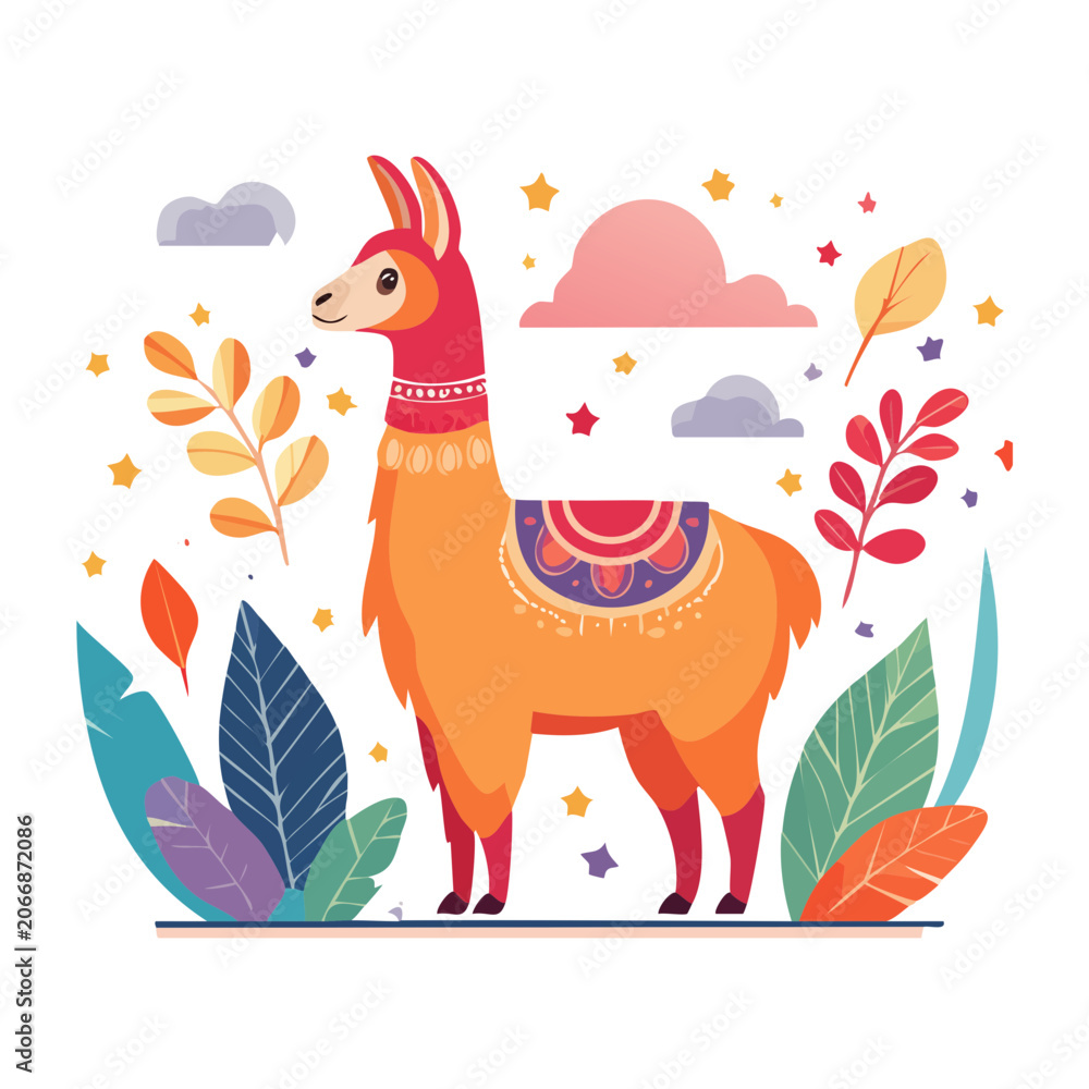 Fototapeta premium Cute llama illustration with plants and clouds