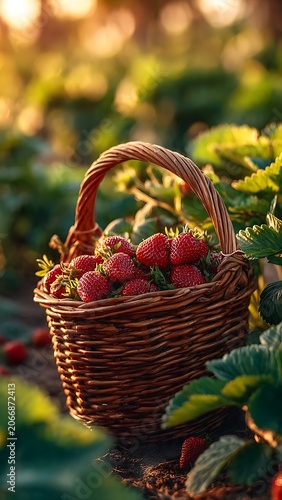 Rattan baskets overflowing with strawberries are placed in the garden during the golden hour. 