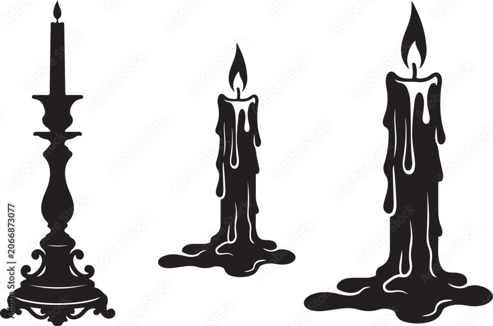 Fototapeta premium Black candle icons, burning wax, dripping candles, vector illustrations, 3 melting candles
