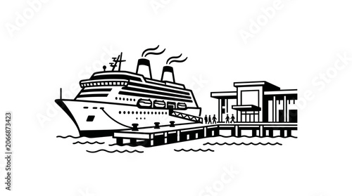 Bild auf Leinwand Cruise Ship Docked at Port Terminal with Passengers Line Illustration on Isolate