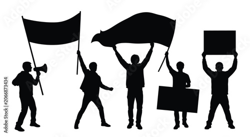 Tableau sur toile Protesters With Flags And Signs Black Silhouette