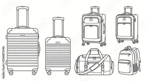 Canvastavla Collection of assorted travel luggage including hardshell suitcases, a duffel bag, and a backpack, prepared for journey and adventure, on an isolated white background