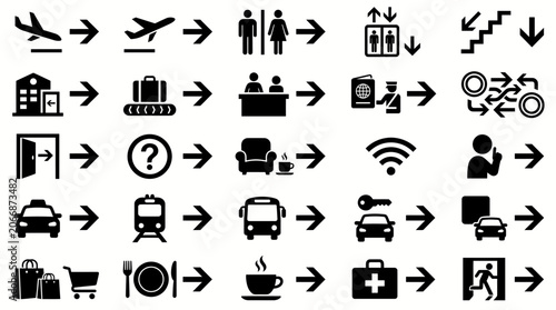 Airport Navigation and Travel Direction Icons Set with Arrows on Isolated White Background