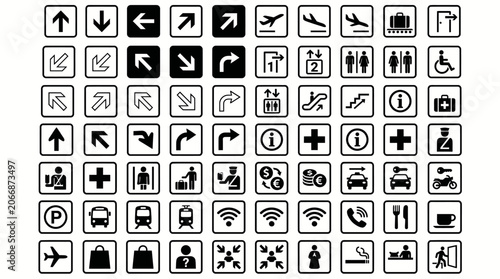 Public Facilities and Airport Signage Line Icons Set on Isolated White Background
