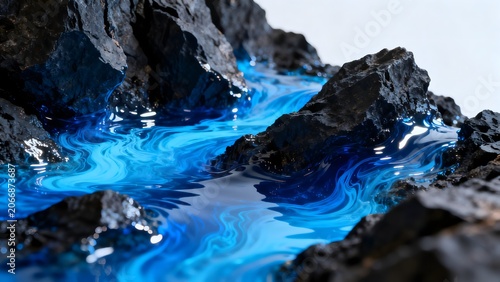 Blue liquid flowing over dark rocks