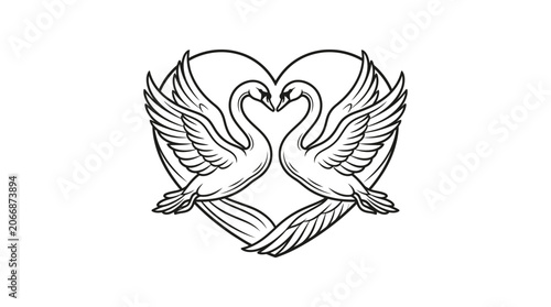 Two Swans Forming a Heart Icon, isolated white background