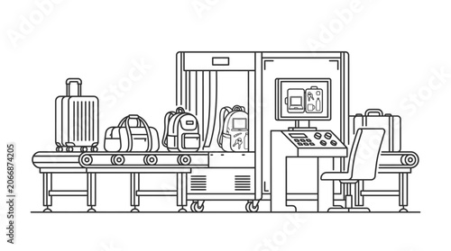 Airport Security Check Point X-Ray Scanner with Bags Line Icon, isolated white background