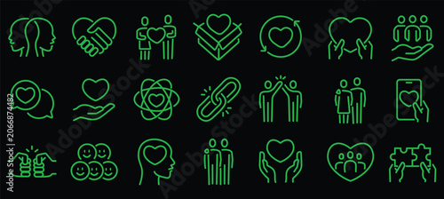Obraz na plátně Love, friendship, care and charity concept editable stroke outline icons set isolated on white background flat vector illustration