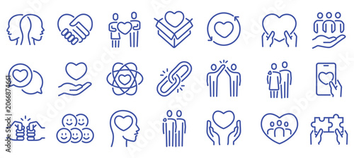 Fotografie Love, friendship, care and charity concept editable stroke outline icons set isolated on white background flat vector illustration