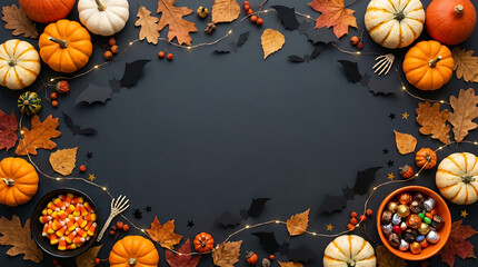 Halloween flat lay frame with pumpkins, candy corn, chocolate, autumn leaves, and paper bats on a dark black background, with fairy lights