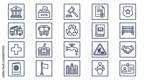 Set of Twenty Minimalist Line Art Public Service Icons