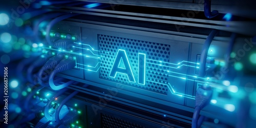 Plakat Blue AI Server Rack with Cables and Glowing Data Lines