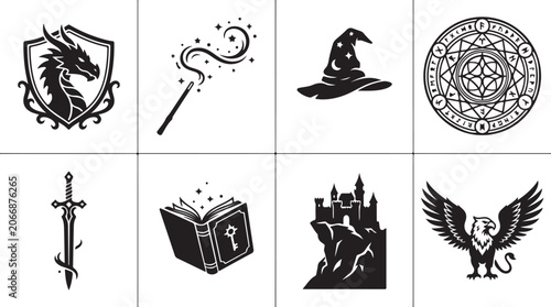 Obraz na plátně Fantasy icons, magic symbols, wizardry graphics, black illustrations, mystical s