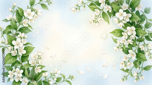 Watercolor jasmine flowers border frame with falling petals