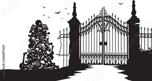 Konstfotografi Ornate iron gate, wrought iron fence, black silhouette, decorative entrance, gar