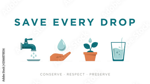фотографія Water conservation icons set with save every drop message Vector