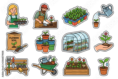 Colorful gardening stickers featuring diverse planting scenes and garden tools.