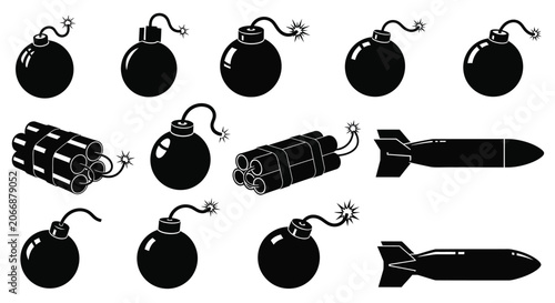 Fotografie Collection Of Bomb Silhouettes In Black And White A Graphic Silhouette