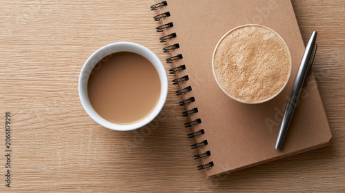 coffee flatlay background, notebook and latte setup, lifestyle productivity concept