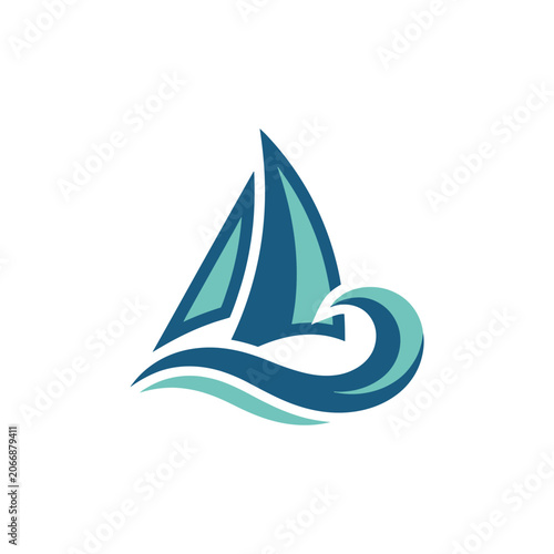 Abstract sailboat logo with curling ocean wave element.