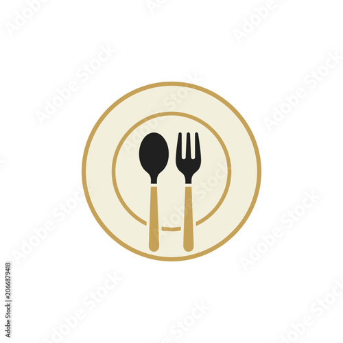 Fork and spoon logo inside a circular plate.