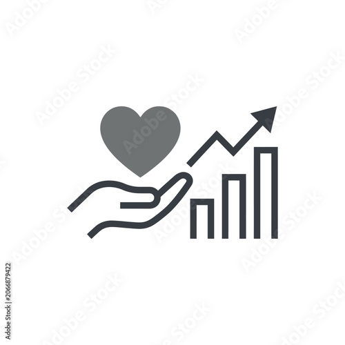 Hand holding heart with increasing bar graph.