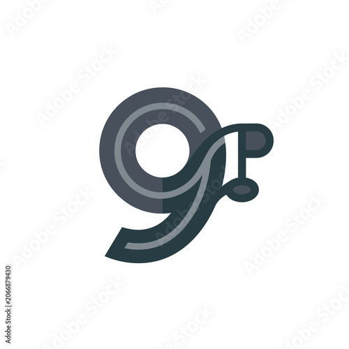 Stylized dark grey number nine logo.