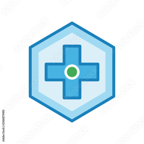 Blue medical cross icon inside a hexagonal frame.