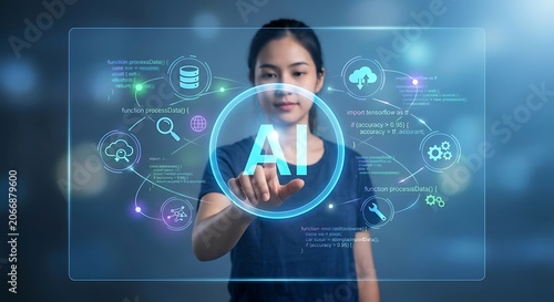 Young Asian woman touching futuristic AI interface with data icons during digital transformation in a blue glow
