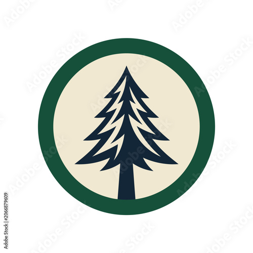 Pine tree silhouette emblem in green circular frame.
