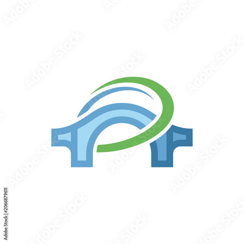 Blue bridge logo with looping green swoosh line.