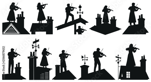 Bild auf Leinwand Violinists On Rooftops And Chimneys Black Silhouette