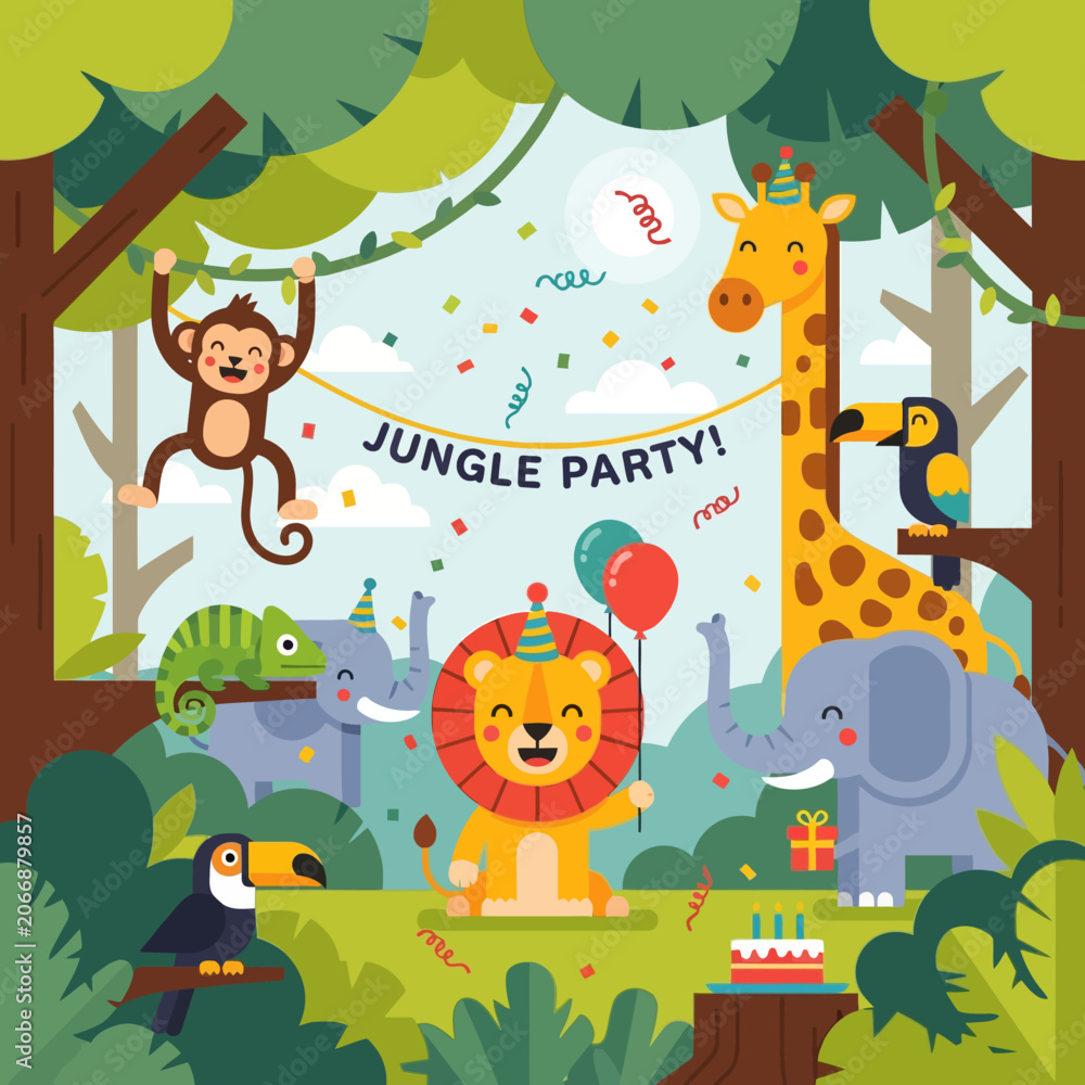 Naklejka premium Jungle Party Fun: Animals Celebrate with Confetti, Balloons, and Cake