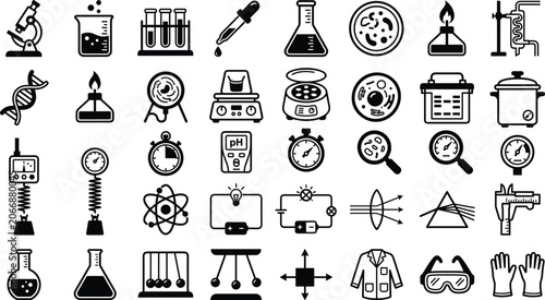 Science laboratory and physics research icon set featuring flat vector symbols for chemistry glassware microscope dna model atom and biology lab equipment isolated on white background