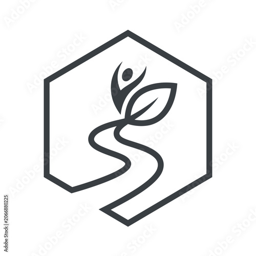 Hexagon path and leaf wellness icon.