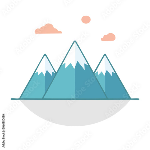 Flat design illustration of a mountain range with clouds and sun