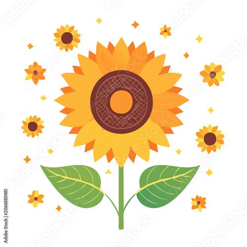 Flat design illustration of a sunflower with smaller flowers and
