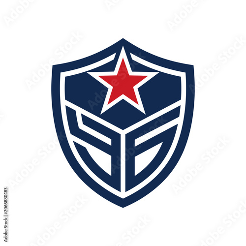 Geometric shield logo with red star.