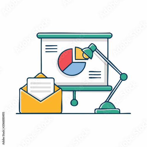 Flat design illustration of business presentation with pie chart and