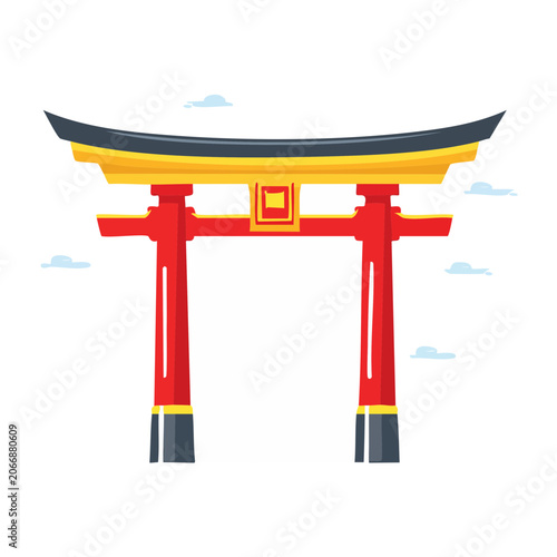 Red and yellow Torii gate with clouds in flat design style