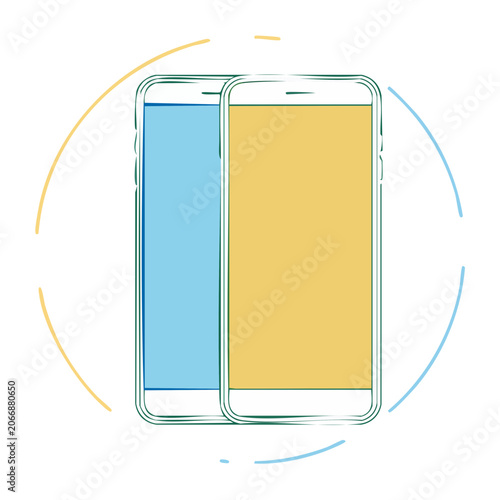 Two smartphones with colorful screens and abstract circular elements
