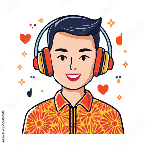 Smiling man wearing headphones and floral shirt illustration